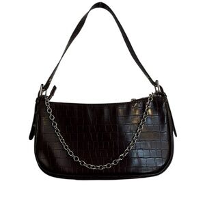 Brown Faux Crocodile Baguette Shoulder Silver Chain Accent Bag